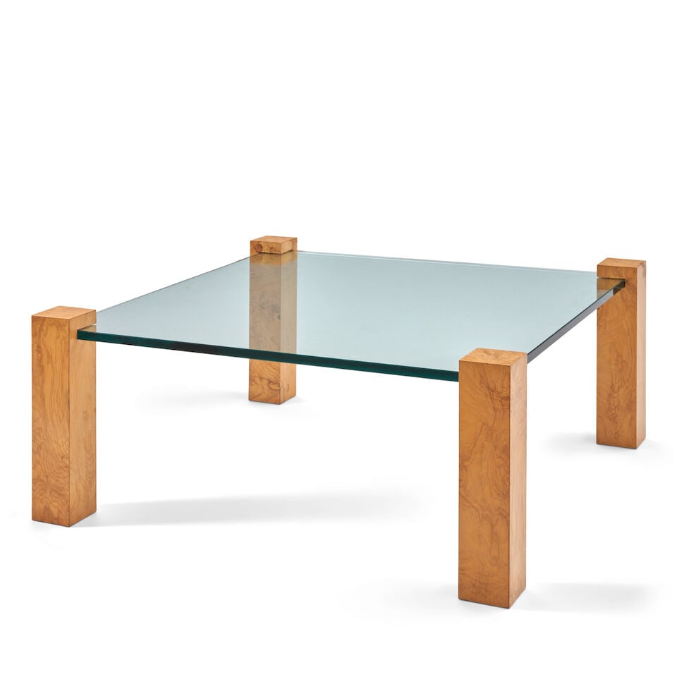 HARVEY PROBBER (1922-2003) Cube Leg Coffee Table, Model 16004circa 1975ash olive veneer, glass, ... - 2