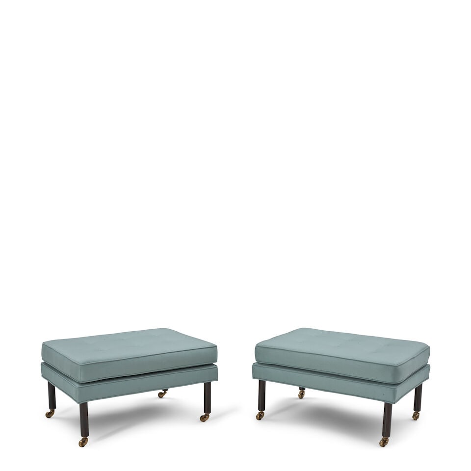 HARVEY PROBBER (1922-2003) Pair of Ottomans1950smahogany, brass casters, upholstery, unmarkedhei... (1 of 1)
