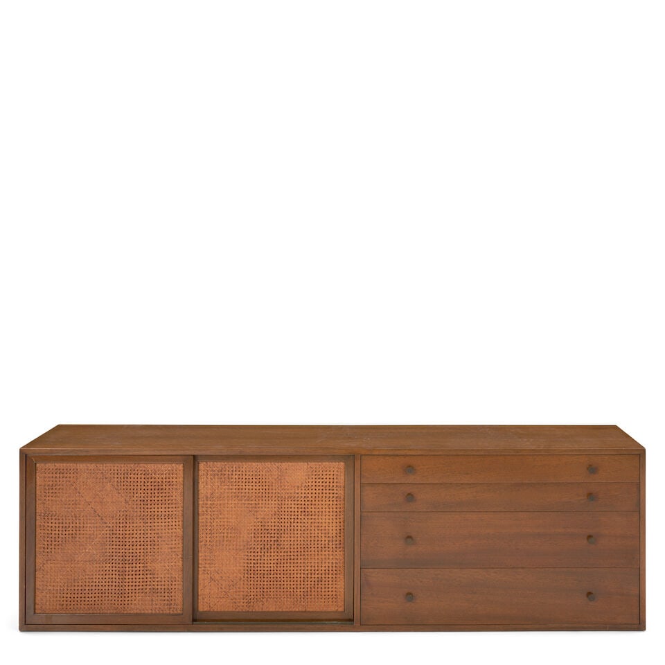 HARVEY PROBBER (1922-2003) Wall-mounted Credenzacirca 1950mahogany veneer, cane, oak and laminat... (1 of 4)