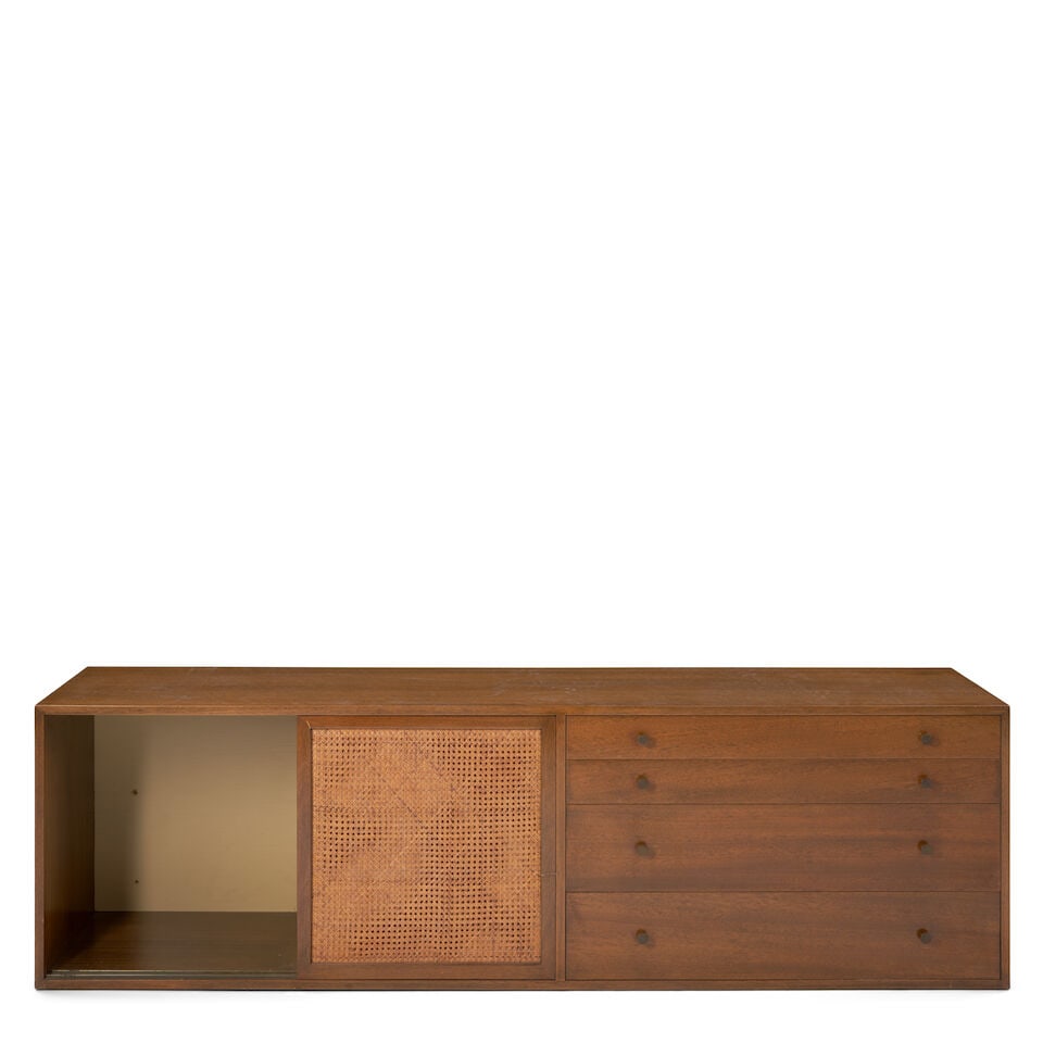 HARVEY PROBBER (1922-2003) Wall-mounted Credenzacirca 1950mahogany veneer, cane, oak and laminat... - 3