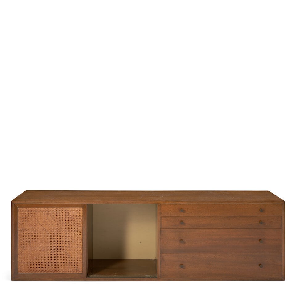 HARVEY PROBBER (1922-2003) Wall-mounted Credenzacirca 1950mahogany veneer, cane, oak and laminat... - 4