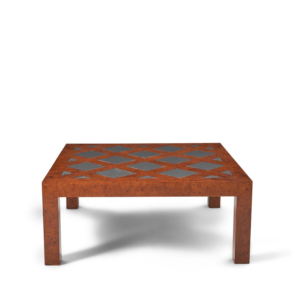 MID CENTURY MODERN Coffee Table1960solive wood, inset bronze mirrored glass, unmarkedheight 17 i... (1 of 2)