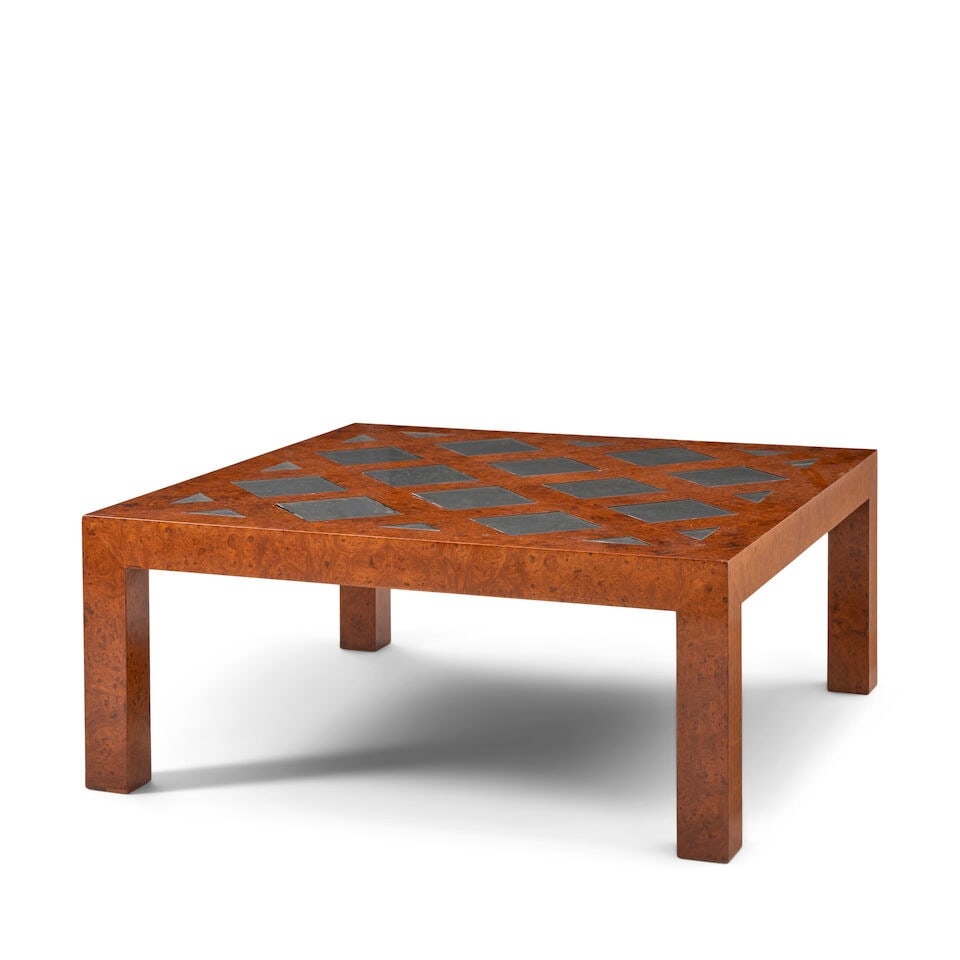 MID CENTURY MODERN Coffee Table1960solive wood, inset bronze mirrored glass, unmarkedheight 17 i... - 2