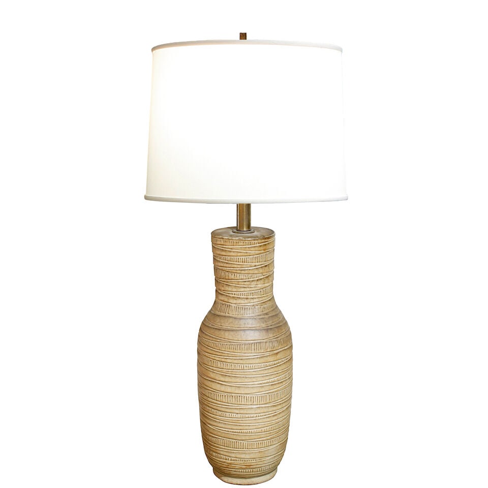 LEE ROSEN FOR DESIGN TECHNICS Table Lampcirca 1955glazed and carved earthenware, two sockets, fa... (1 of 3)