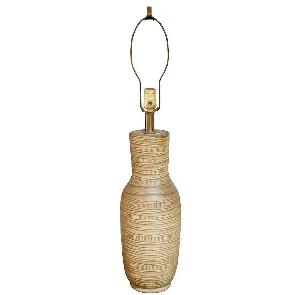 LEE ROSEN FOR DESIGN TECHNICS Table Lampcirca 1955glazed and carved earthenware, two sockets, fa... - 2