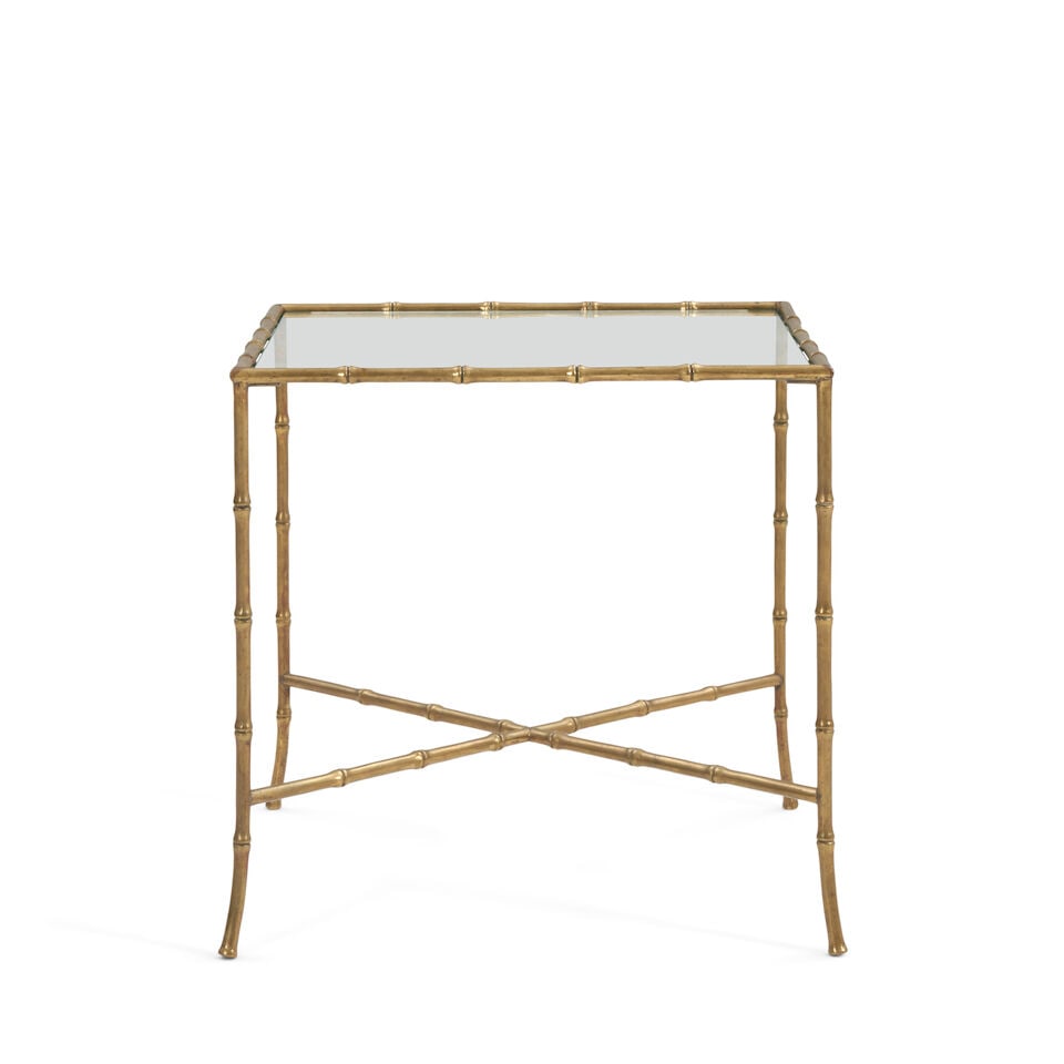 MAISON BAGUES-STYLE Faux Bamboo End Table1950slacquered brass, glass, unmarkedheight 18in; width... (1 of 2)