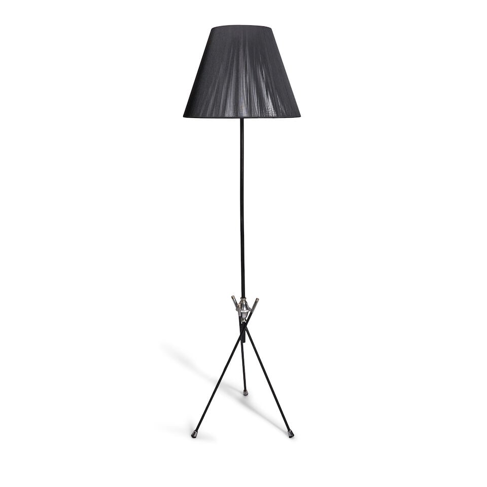 MODERNIST Tripod-base Floor Lamp1950senameled steel, nickel-plated brass, three-way socket, stri... (1 of 2)