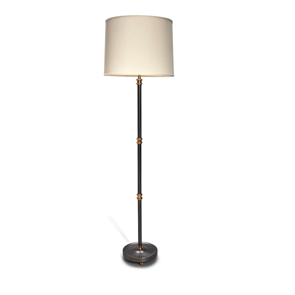 MAISON JANSEN-STYLE Floor Lamp1980sgunmetal, lacquered brass, two sockets, fabric over plastic s... (1 of 2)