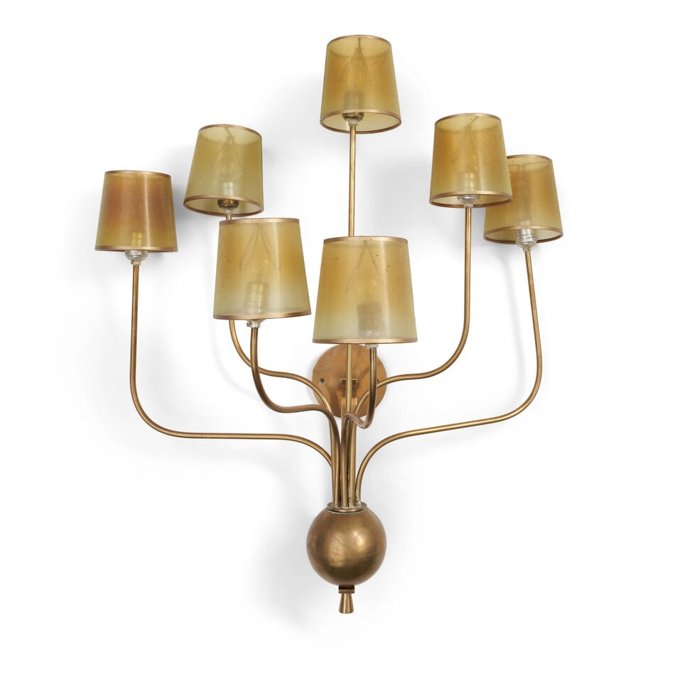 JEAN ROYERE-STYLE Seven-Arm Wall Sconcecirca 1990brass, fiberglass shades, seven sockets, unmark... (1 of 2)