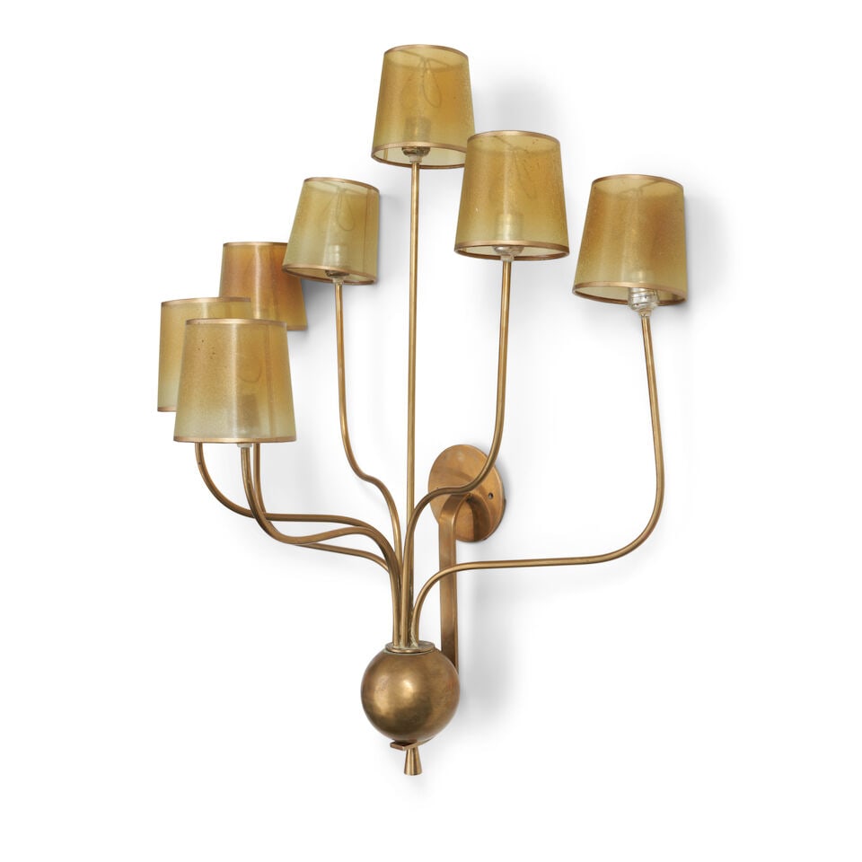 JEAN ROYERE-STYLE Seven-Arm Wall Sconcecirca 1990brass, fiberglass shades, seven sockets, unmark... - 2