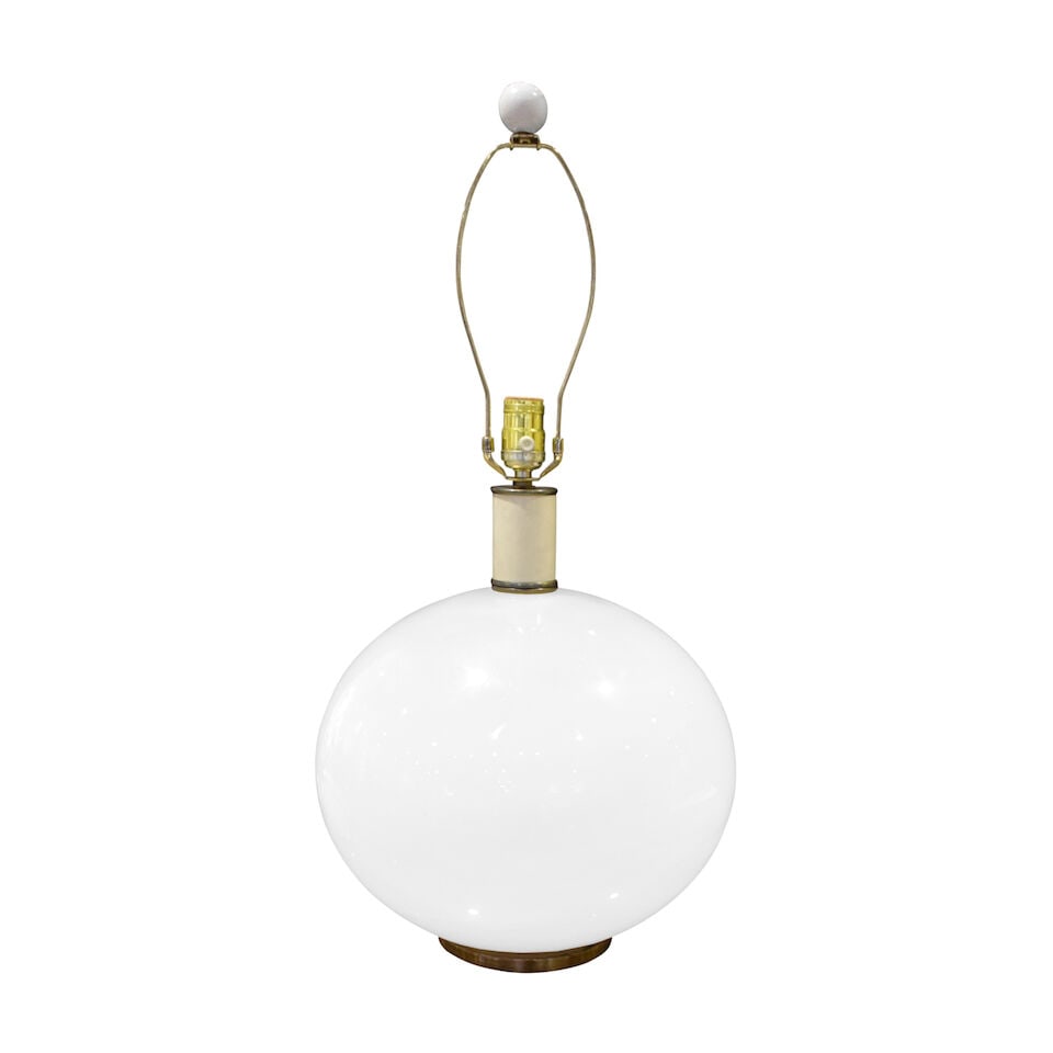 MID-CENTRUY MODERN Table Lamp1960smilk glass, brass, paper shade, single socket, label 'Base Mad... - 2