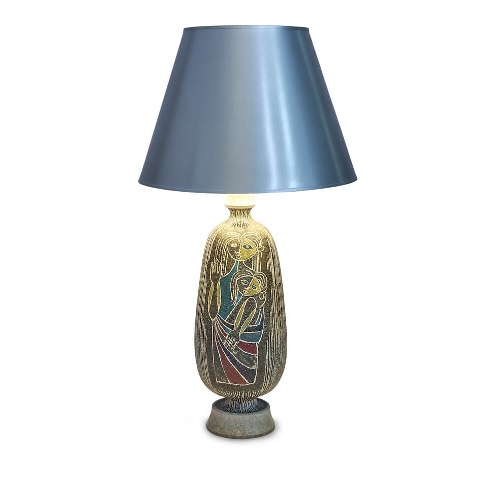 ATTRIBUTED TO MARCELLO FANTONI Table Lampcirca 1960glazed earthenware, incised image of mother a... - 2