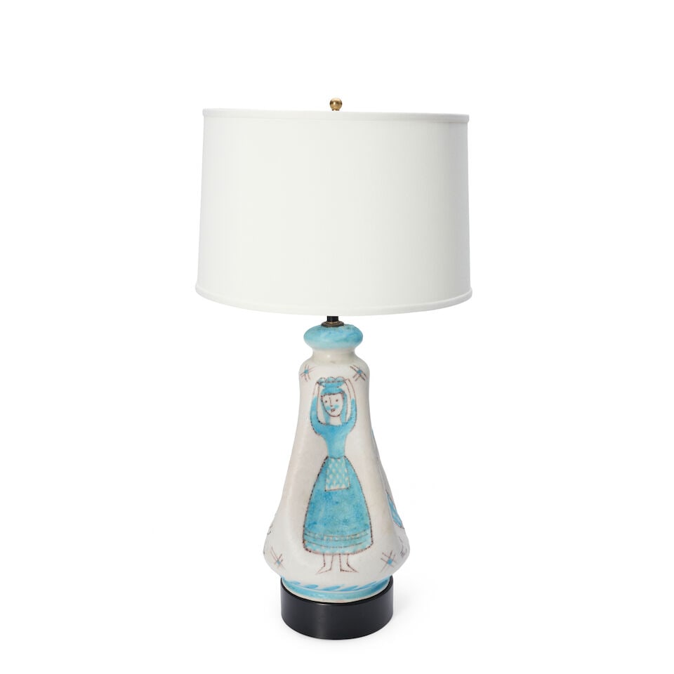 C.A.S. VIETRI (FOUNDED 1937) TABLE LAMP1950sceramic, enameled metal, fabric shade, single socket... (1 of 4)