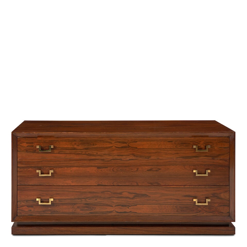 MID-CENTURY MODERN Chest of Drawerscirca 1960rosewood veneer, rosewood, brass pullsheight 22 1/4... (1 of 2)