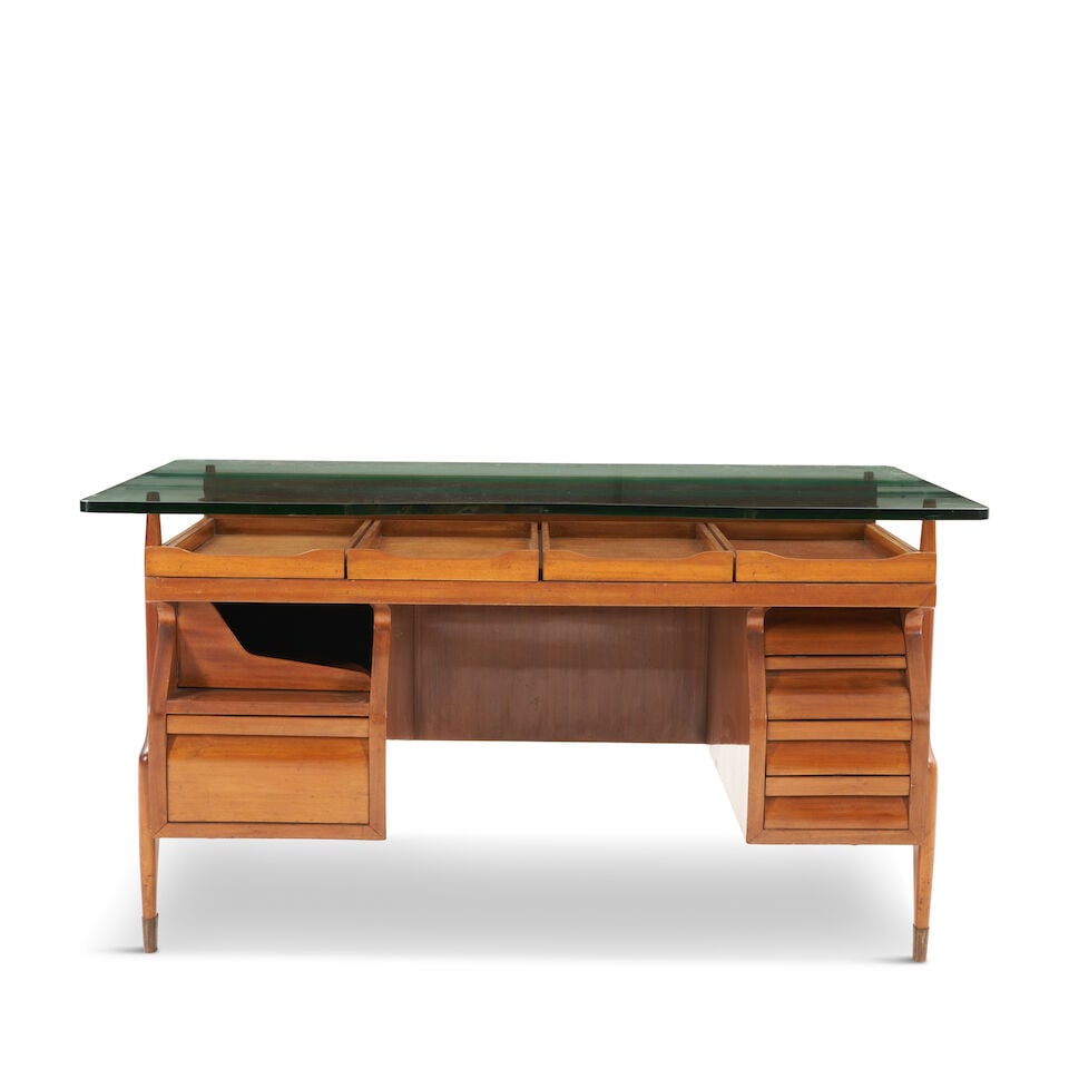 ATTRIBUTED TO ICO PARISI Sculptural Desk1950swalnut, glass, brass sabots, unmarkedheight 31 3/4i... (1 of 2)
