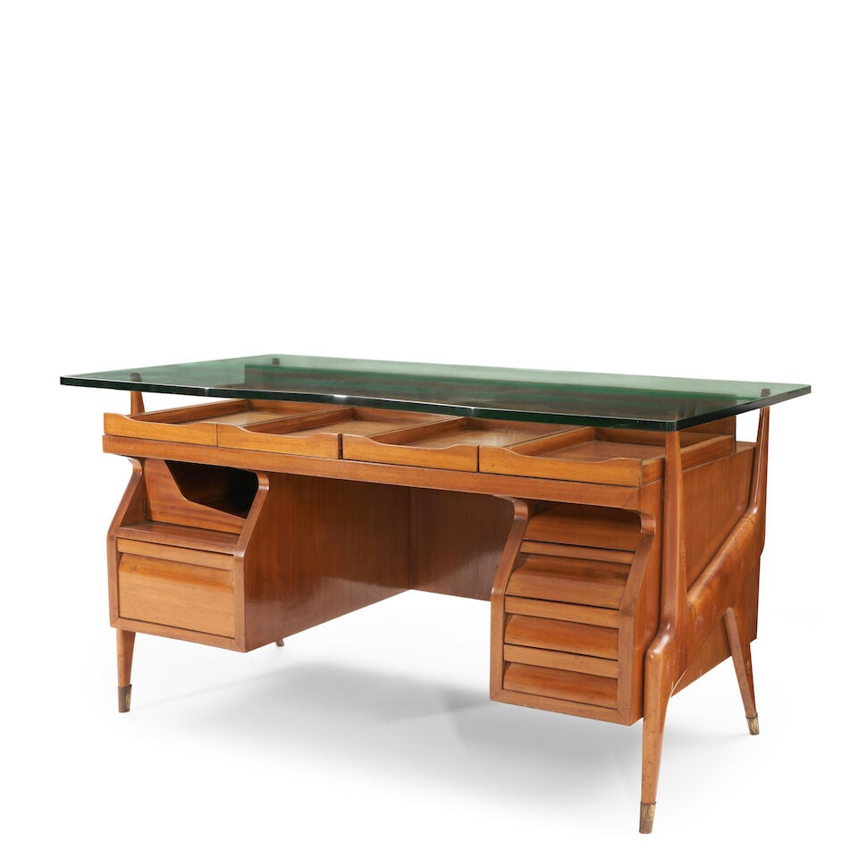 ATTRIBUTED TO ICO PARISI Sculptural Desk1950swalnut, glass, brass sabots, unmarkedheight 31 3/4i... - 2