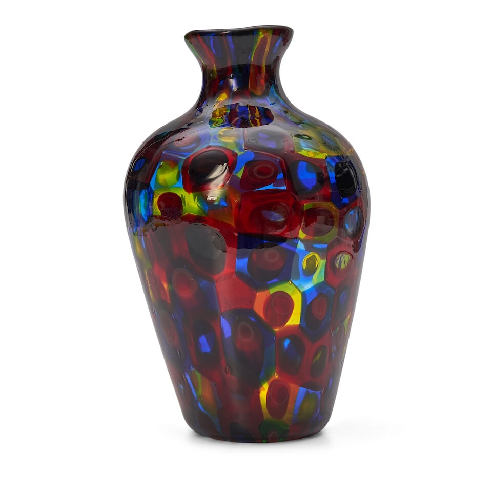 ANZOLO FUGA (1914-1998) FOR A.V.E.M. 'Fondo Cristallo con Fasce e Murrine Policrome' Vasecirca 1... (1 of 2)