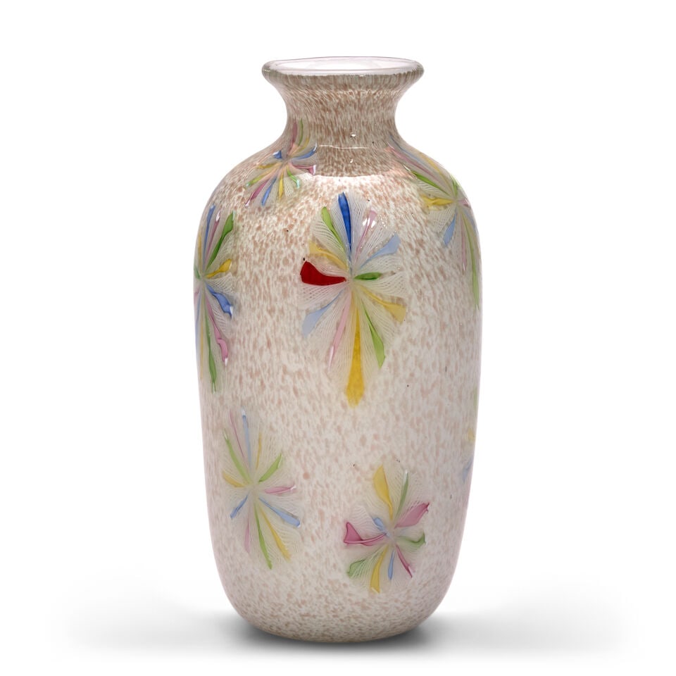 A.V.E.M. (ARTISTIC PRODUCTION 1932-1972) Vasecirca 1960cased clear and white glass with metallic...: A.V.E.M. (ARTISTIC PRODUCTION 1932-1972) Vase circa 1960 cased clear and white glass with metallic inclusions and pastel murrines, unmarked height 11in; diameter 5in Footnotes: Provenance Purchased