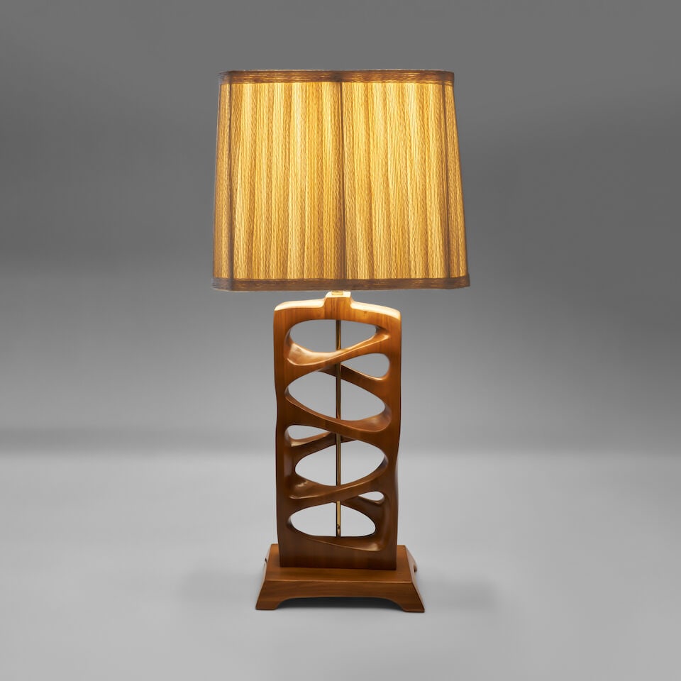 MODERNIST Carved Walnut Table Lampcirca 1960wood, lacquered brass, single three-way socket, yarn... - 2