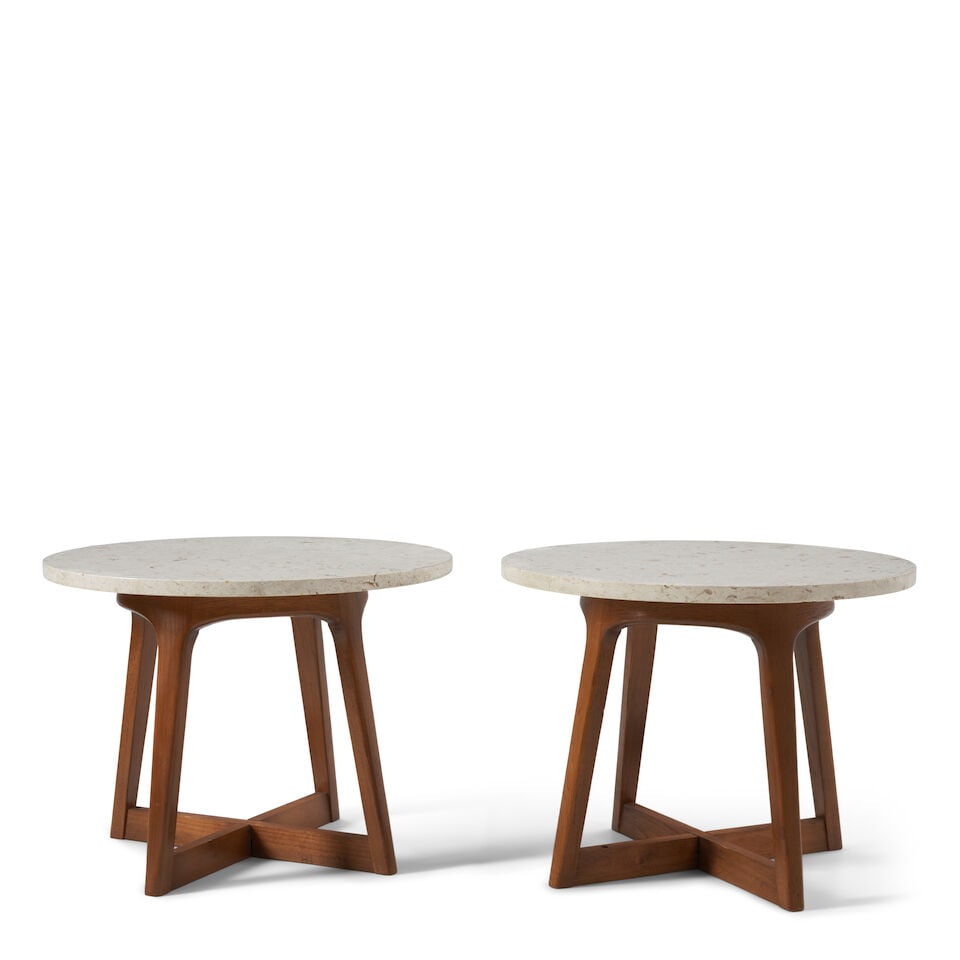 MID-CENTURY MODERN Pair of Occasional Tables1950sfossilized limestone, walnut, unmarkedheight 16... (1 of 2)