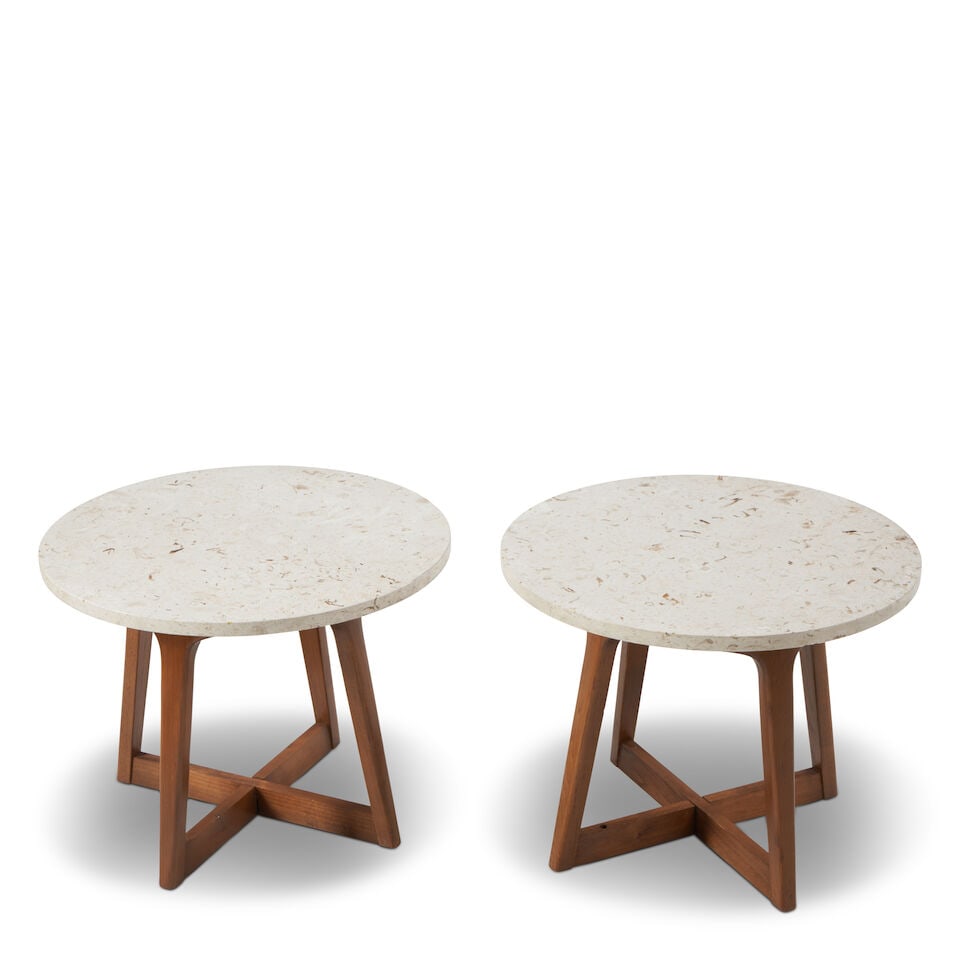 MID-CENTURY MODERN Pair of Occasional Tables1950sfossilized limestone, walnut, unmarkedheight 16... - 2