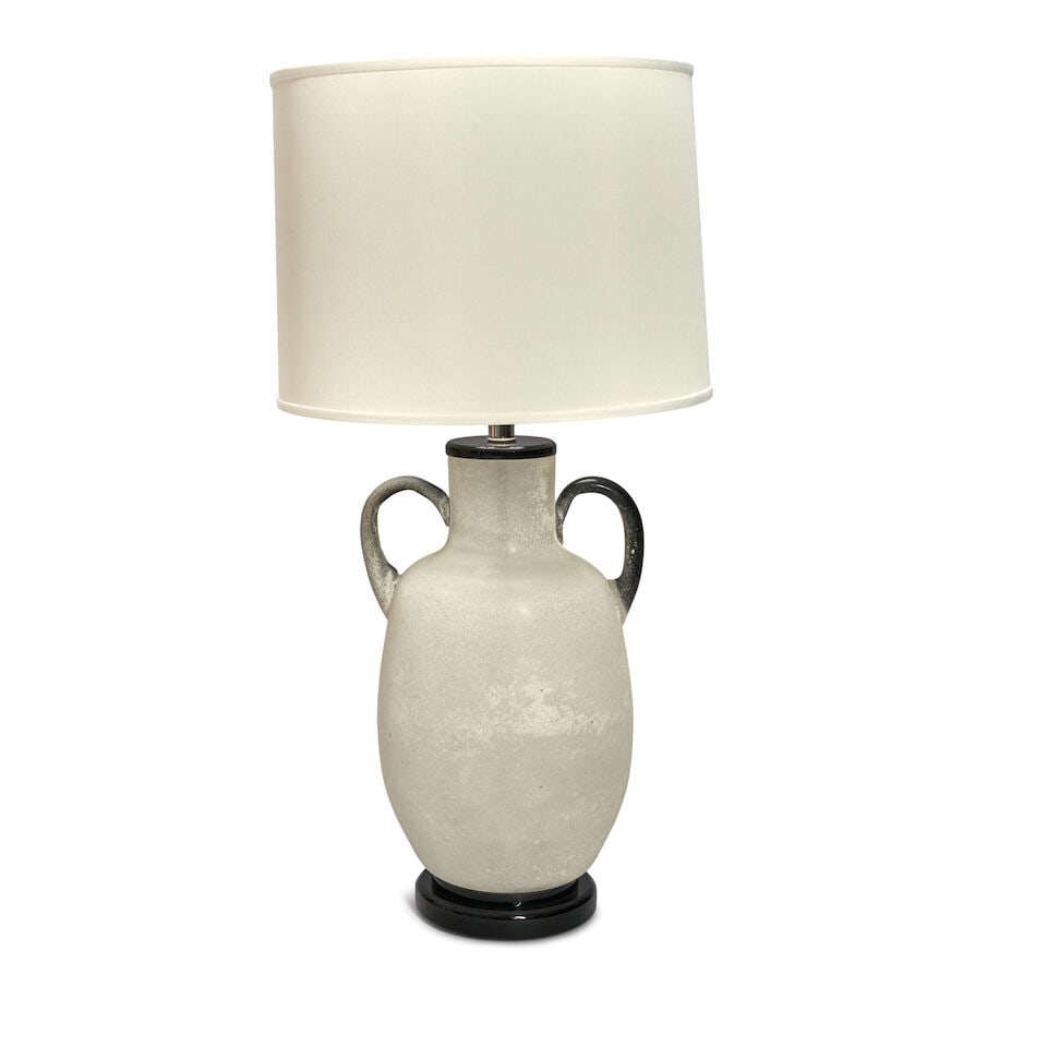 MURANO Table Lampcirca 1960Scavo glass, single socket, fabric over plastic shade, unmarkedbase h... (1 of 2)