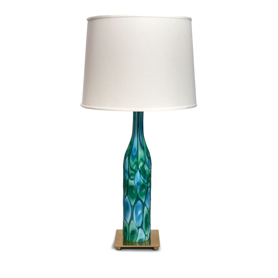 ERMANNO TOSO (1903-1973) FOR FRATELLI TOSO Table Lampcirca 1959murrine patchwork glass, polished...: ERMANNO TOSO (1903-1973) FOR FRATELLI TOSO Table Lamp circa 1959 murrine patchwork glass, polished brass, fabric shade, three sockets, unmarked height to top of finial 32 1/2in; base 25in Footnotes: L