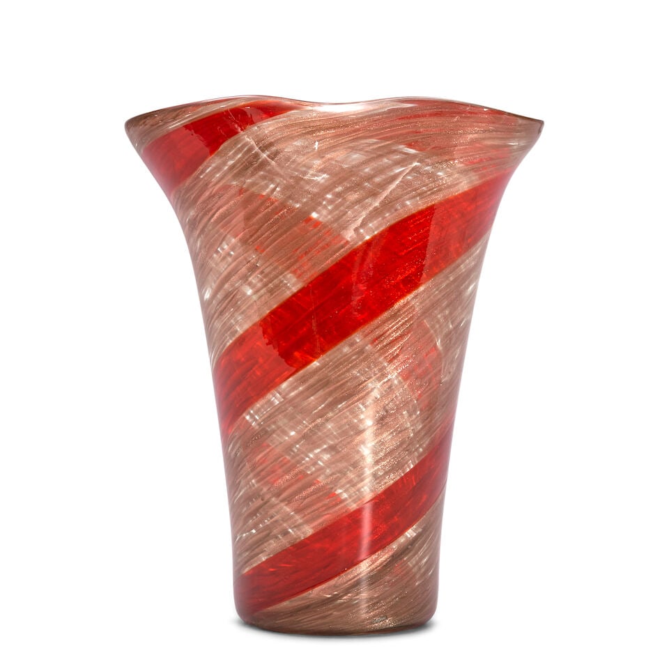 FRATELLI TOSO (FOUNDED 1854) Aventurine Striped and Pinched Vase1950sclear and red glass, unmark... (1 of 2)