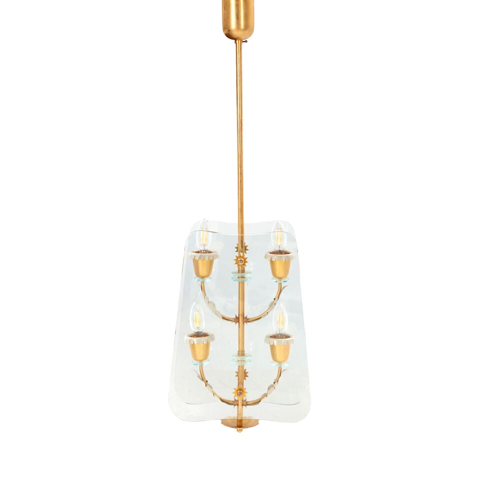 ATTRIBUTED TO PIETRO CHIESA FOR FONTANA ARTE Chandelier1940sgilt and enameled brass, glass, four... (1 of 2)
