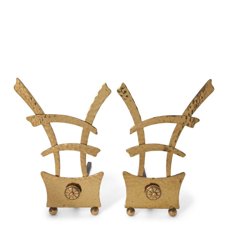 MODERNIST Pair of Chinese-Style Andirons1950shammered brass, cast iron, impressed mark '1' and '... (1 of 2)
