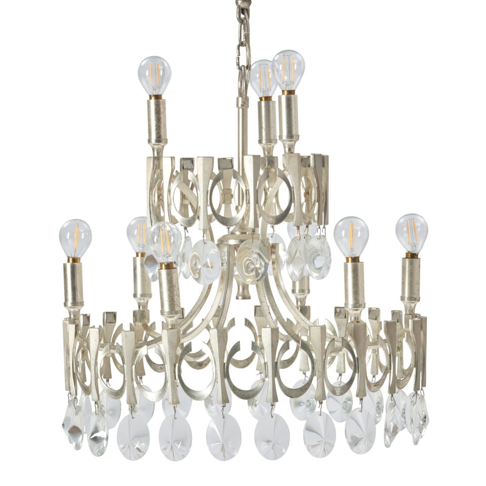 GAETANO SCIOLARI (1927-1994) Chandelier1950snickel-plated brass, crystal, nine candelabra-base s... (1 of 1)