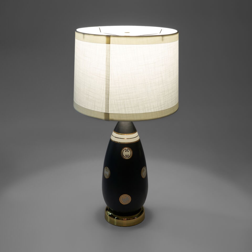 MID-CENTURY MODERN Table Lamp1960sporcelain, brass, fabric shade, single socket, unmarkedheight ... - 2