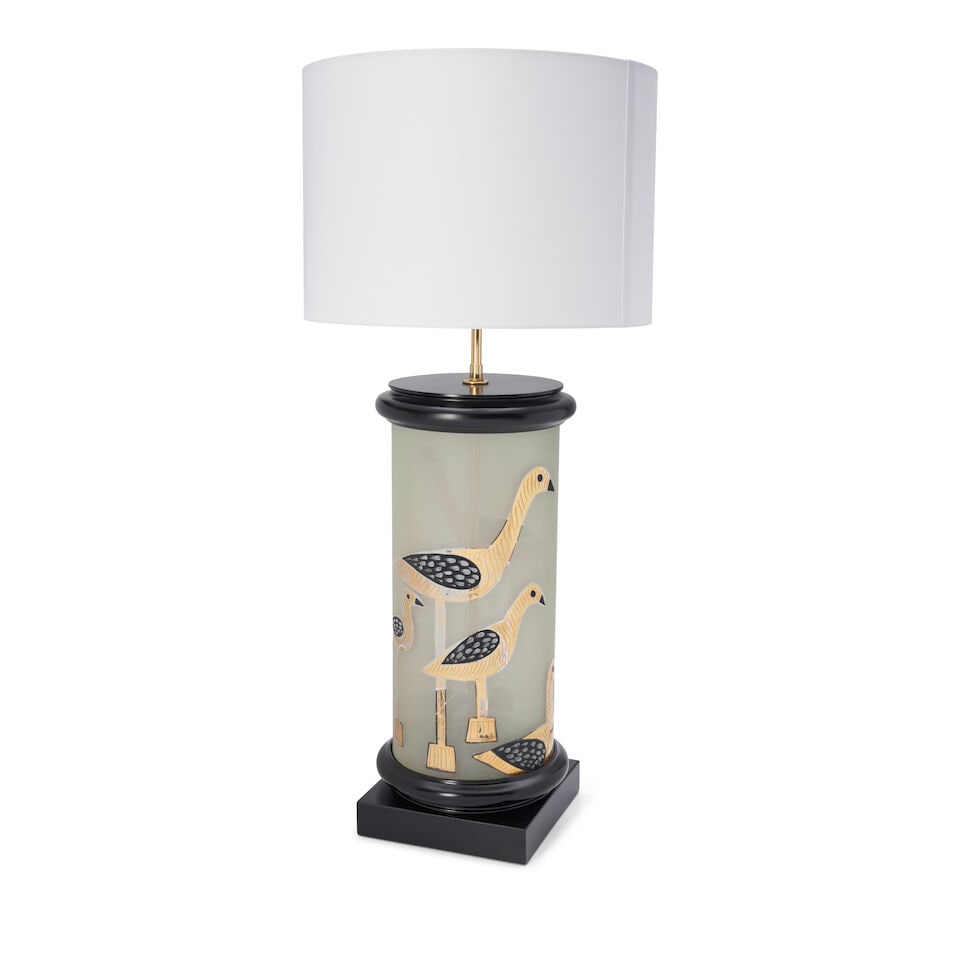 MID-CENTRUY MODERN Table Lamp1960sfrosted, enameled and gilded glass, ebonized wood, fabric shad...: MID-CENTRUY MODERN Table Lamp 1960s frosted, enameled and gilded glass, ebonized wood, fabric shade, two sockets, unmarked height to top of finial 36in; base 8 1/2 x 8 1/2in For further information on