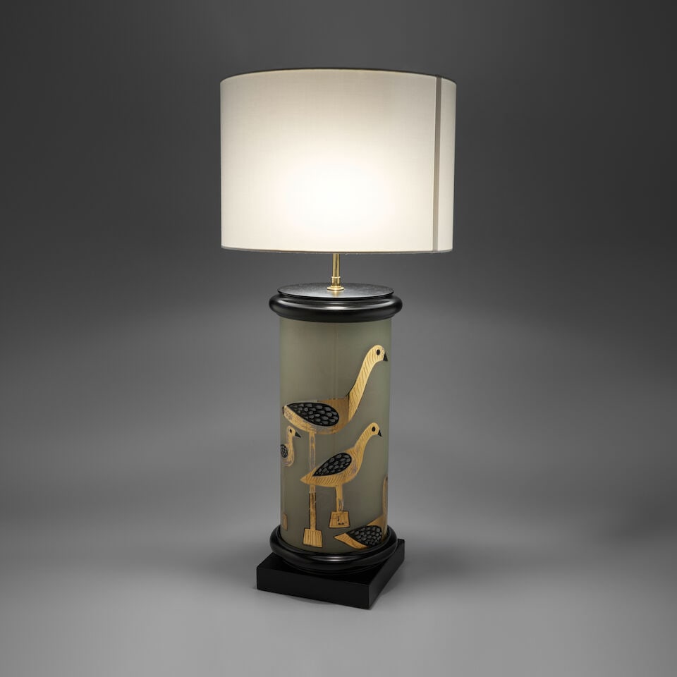 MID-CENTRUY MODERN Table Lamp1960sfrosted, enameled and gilded glass, ebonized wood, fabric shad... - 2
