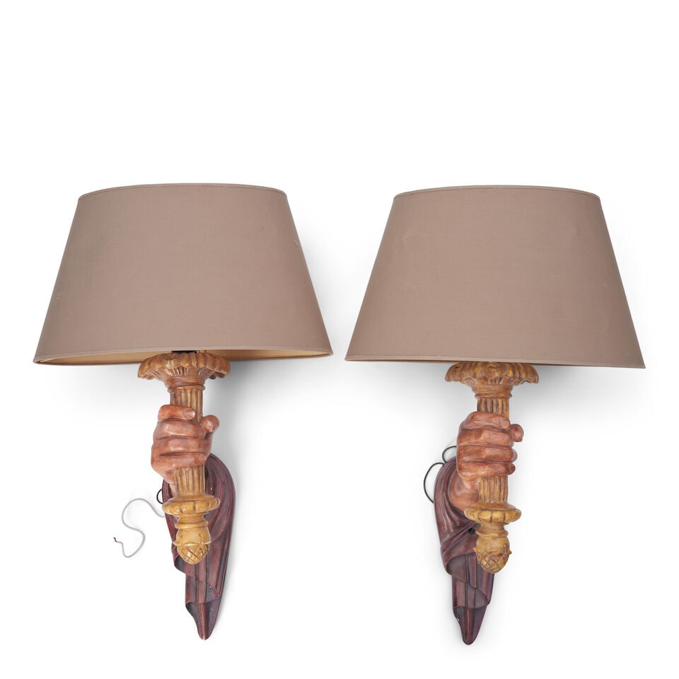 SIRMOS (FOUNDED 1972) Pair of Sconces1970Scast resin, fabric shades, single socket, unmarkedheig... (1 of 2)