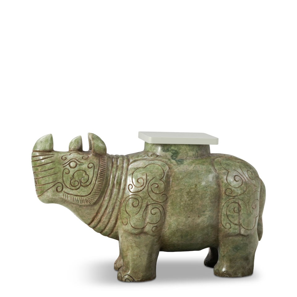 CHINESE Rhinocerous-Form Side Tablelate 20th centurycarved jade, enameled wood removable topheig... (1 of 5)