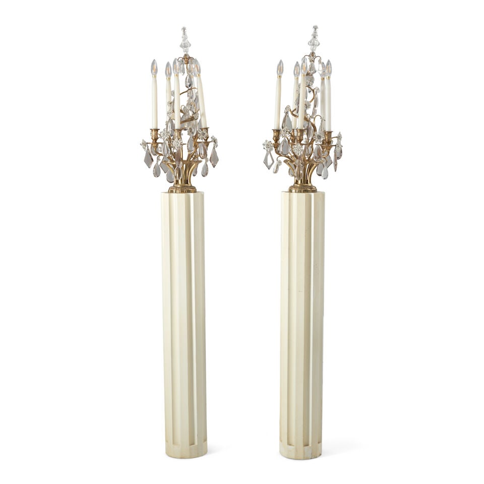 REGENCY MODERNE Pair of Floor Lampscirca 1950gilt brass, crystal, composite, five candelabra soc... (1 of 2)