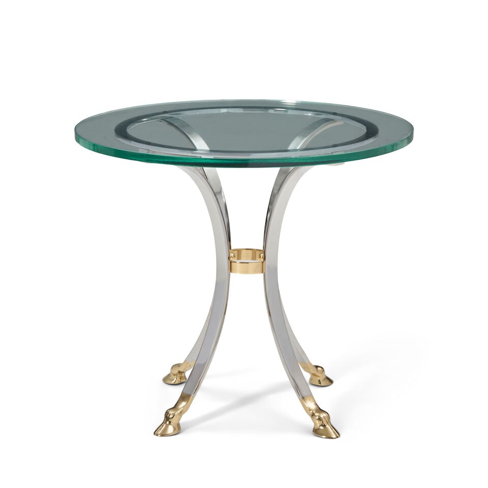 NEOCLASSICAL Side Tablecirca 1970chromed steel, lacquered brass, glass, unmarkedheight 23 3/4in;... (1 of 2)