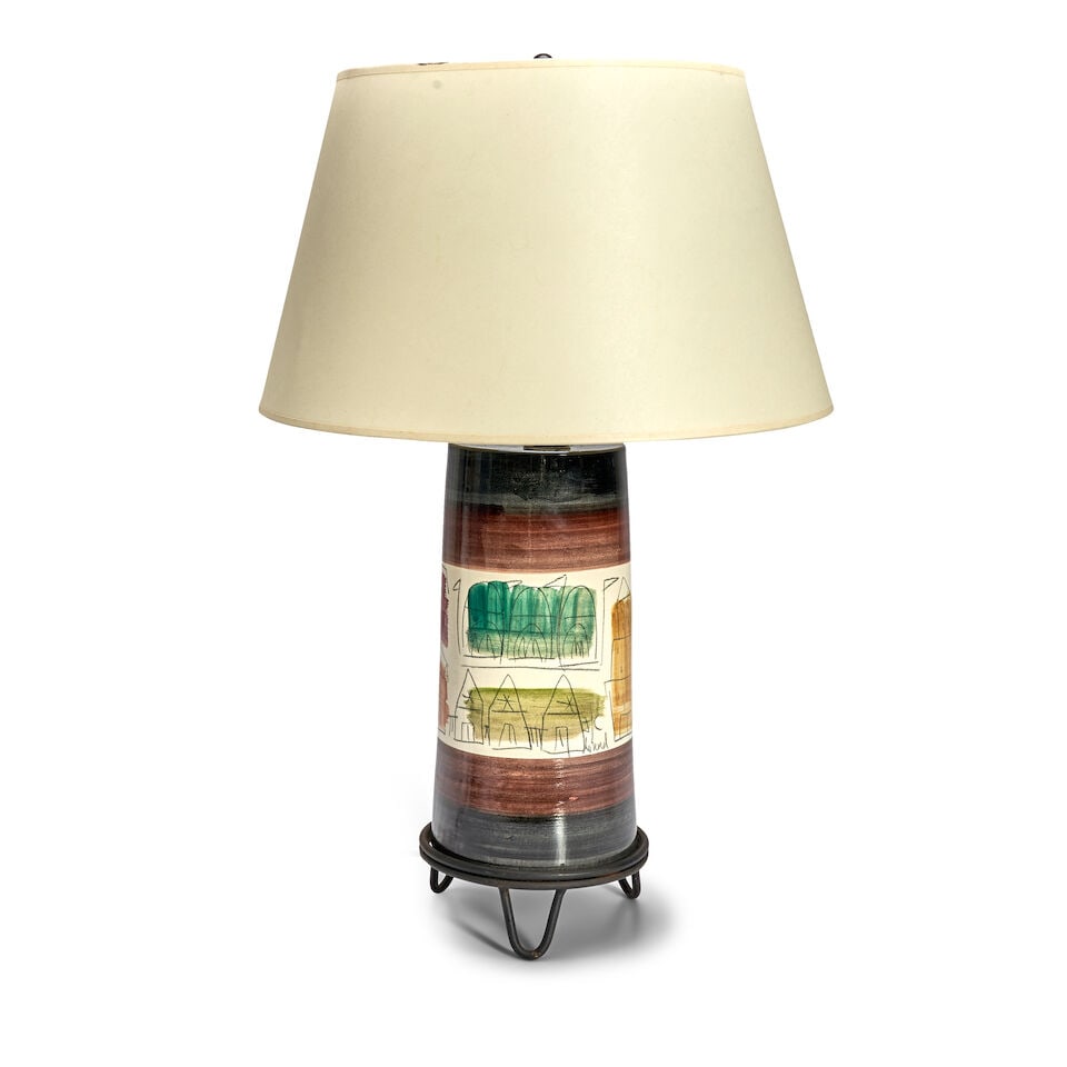 MID-CENTURY MODERN TABLE LAMPcirca 1960glazed ceramic decorated with line drawings of different ... (1 of 2)