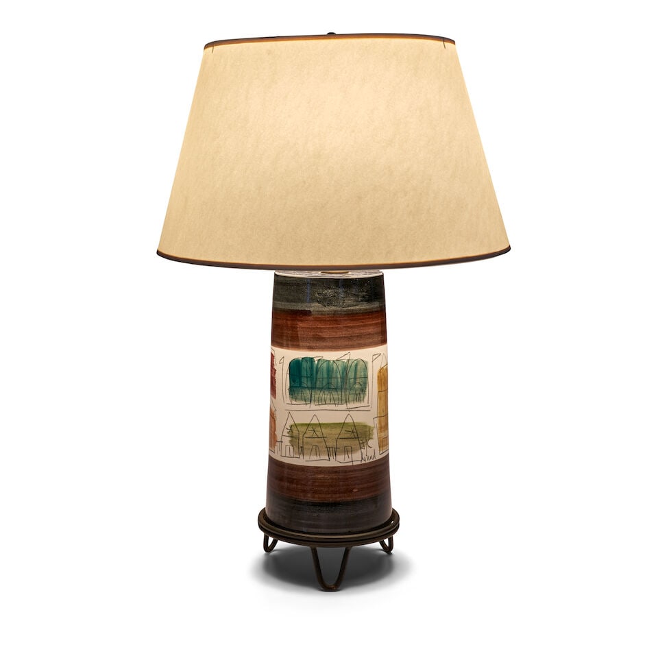 MID-CENTURY MODERN TABLE LAMPcirca 1960glazed ceramic decorated with line drawings of different ... - 2