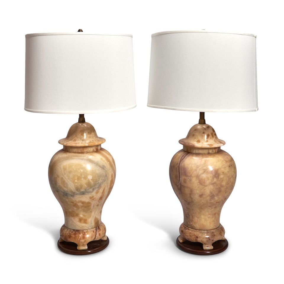 ITALIAN MODERNIST Pair of Table Lamps1960syellow onyx, brass, wood, fabric shade, single sockets... (1 of 2)