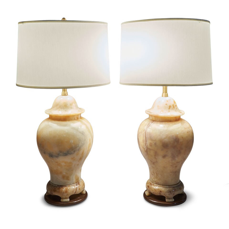 ITALIAN MODERNIST Pair of Table Lamps1960syellow onyx, brass, wood, fabric shade, single sockets... - 2