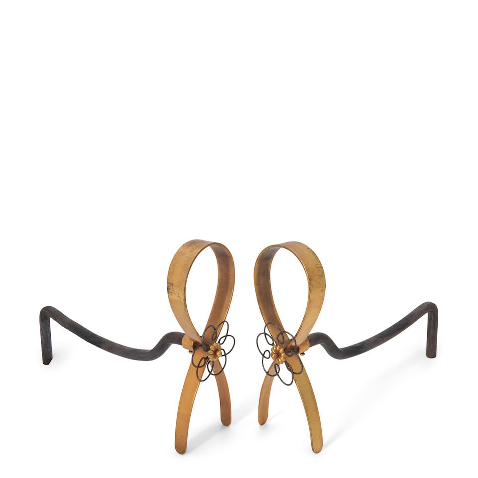 MID-CENTURY MODERN Pair of Andirons with Stylized Flowers1950sbrass, cast ironheight 10 in; widt... (1 of 3)