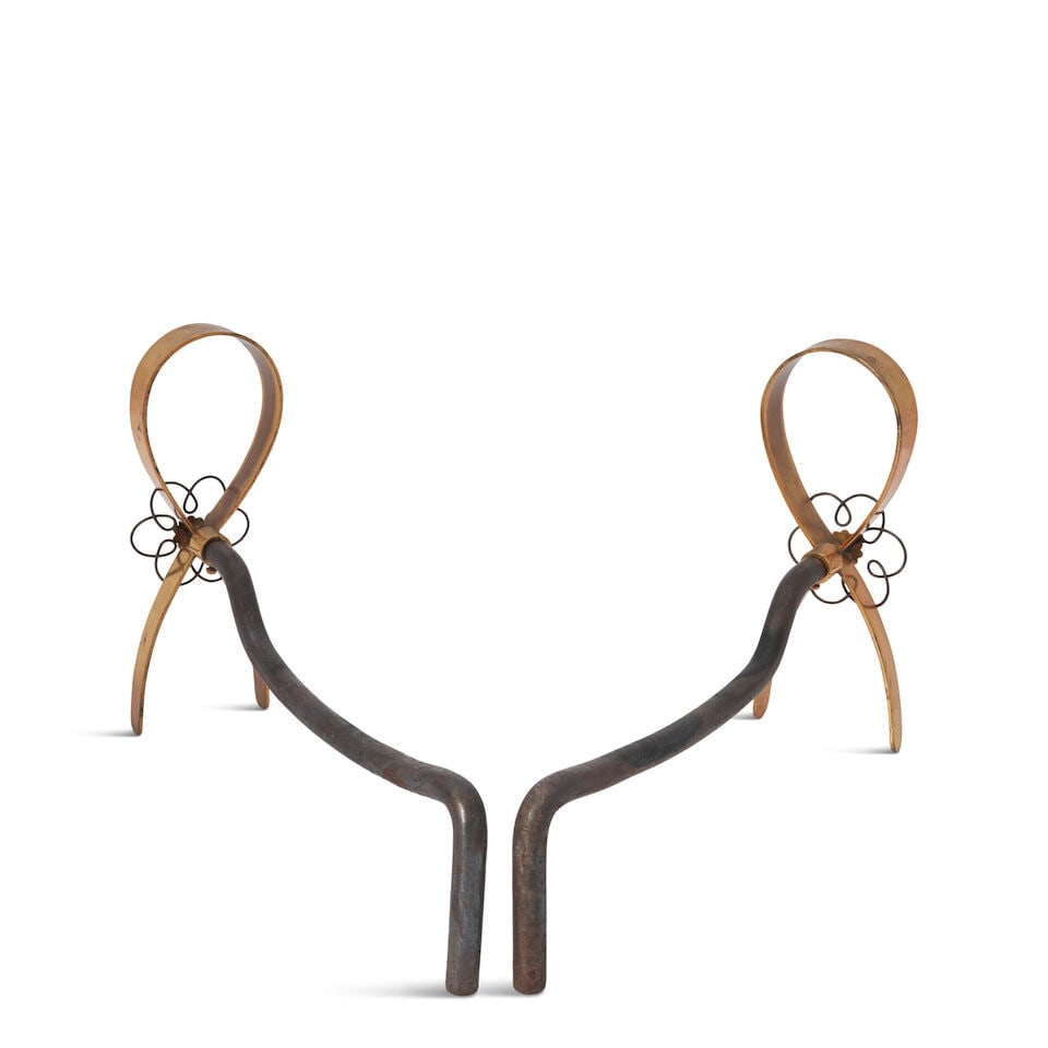 MID-CENTURY MODERN Pair of Andirons with Stylized Flowers1950sbrass, cast ironheight 10 in; widt... - 2