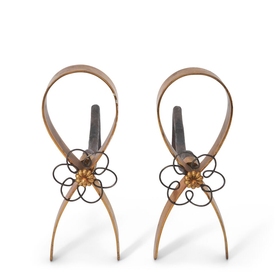 MID-CENTURY MODERN Pair of Andirons with Stylized Flowers1950sbrass, cast ironheight 10 in; widt... - 3