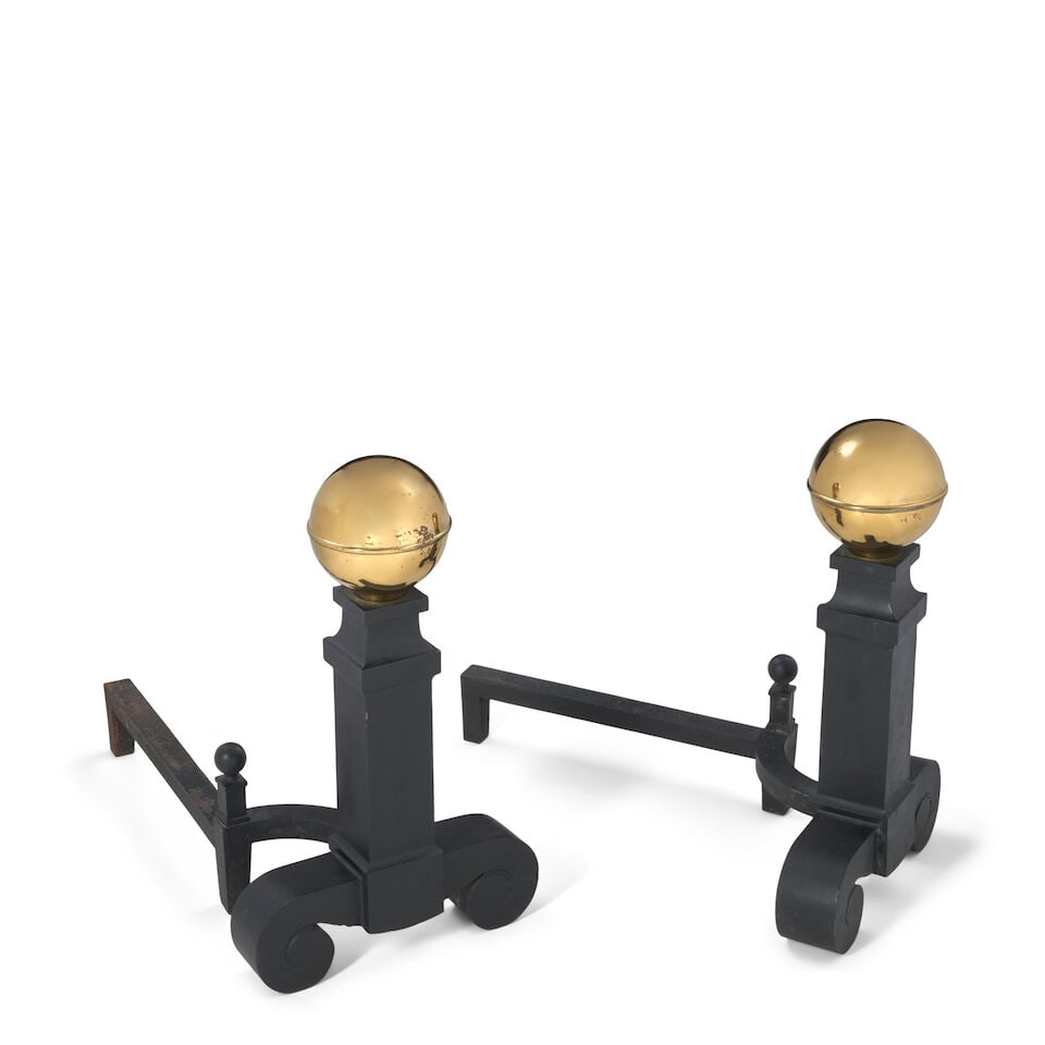 STOVER MANUFACTURING CO (1881-1942) Pair of Andironscirca 1940wrought iron, polished brass, bran... (1 of 1)