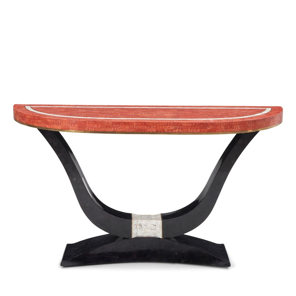 ART DECO-STYLE Console Table1970spen shell, mother-of-pearl, red coral, brass, unmarkedheight 32... (1 of 2)
