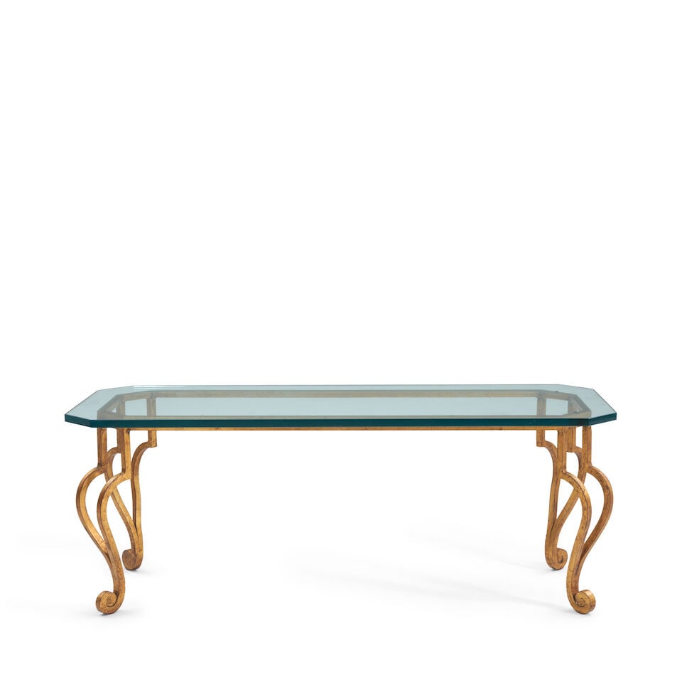 REGENCY MODERNE Coffee Tablecirca 1950gilt wrought iron, glass, unmarkedheight 17 3/4in; width 4... (1 of 2)