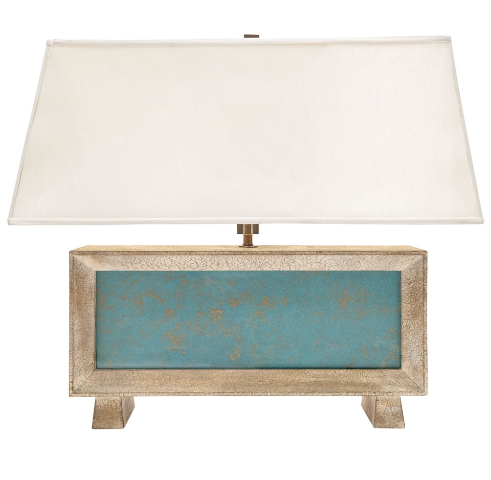 REGENCY MODERNE Table Lamp1940sresin, glass, bronze, silk shade, two sockets, base illuminates w...: REGENCY MODERNE Table Lamp 1940s resin, glass, bronze, silk shade, two sockets, base illuminates with LED bulb, unmarked height to top of finial 21 3/4in; base 11 x 21 1/2 x 5in For further informatio