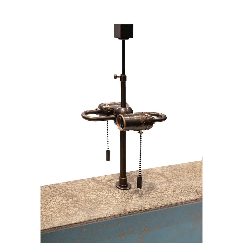 REGENCY MODERNE Table Lamp1940sresin, glass, bronze, silk shade, two sockets, base illuminates w... - 3